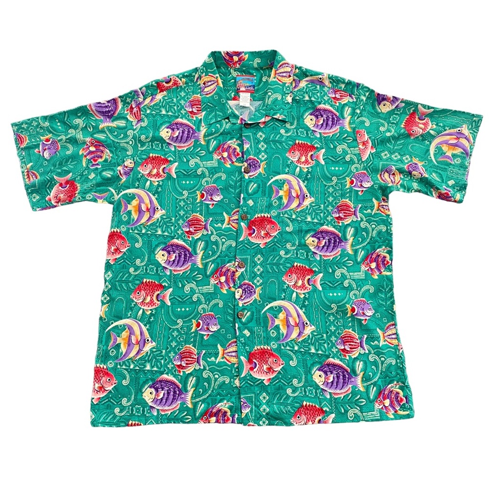 Joe Kealoha Hawaiian Shirt Reyn Spooner Men's XXL 2XL Green Fish Floral All Over